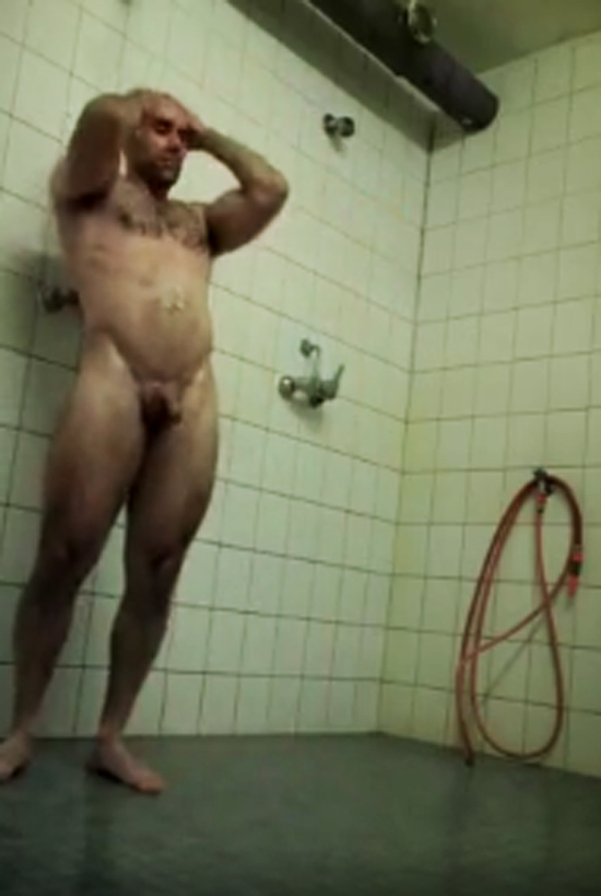 hairy bodybuilder in open showers