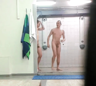Gym buddies coming out of the shower room! pic