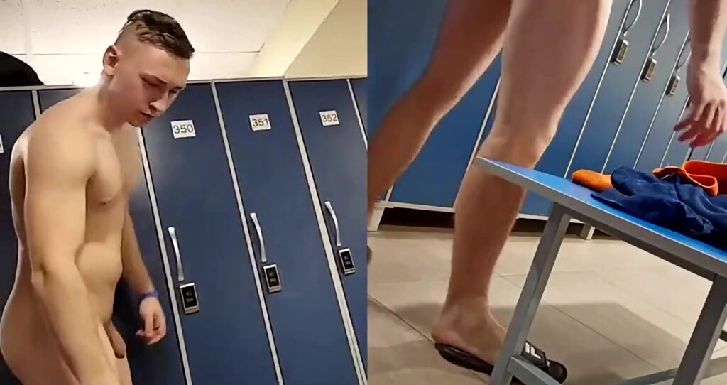 Showing his uncut dick in the locker room